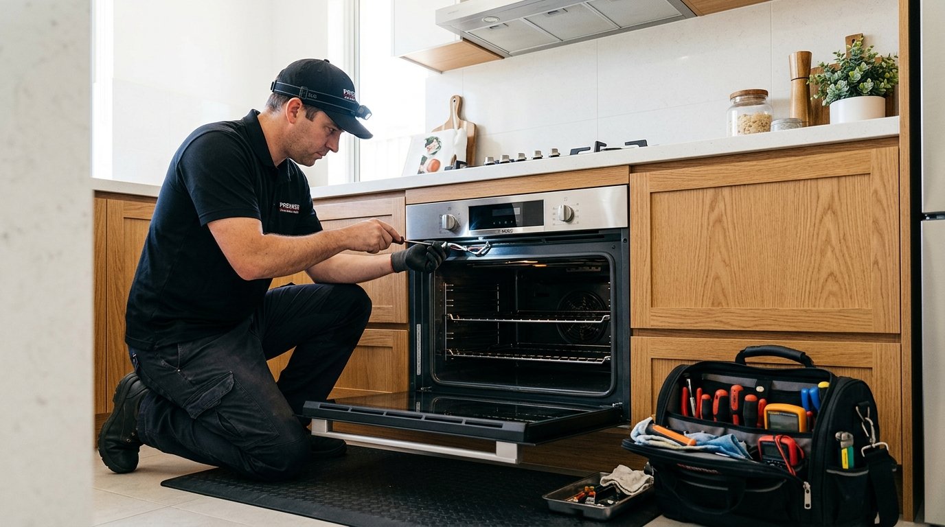 Global Appliance Service technician repairing oven